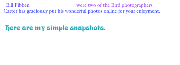  Bill Fibben and Carter Tomassi   were two of the Bird photographers.  
Carter has graciously put his wonderful photos online for your enjoyment.
lhttp://www.messyoptics.com/bird/indexC.html         

 Here are my simple snapshots.